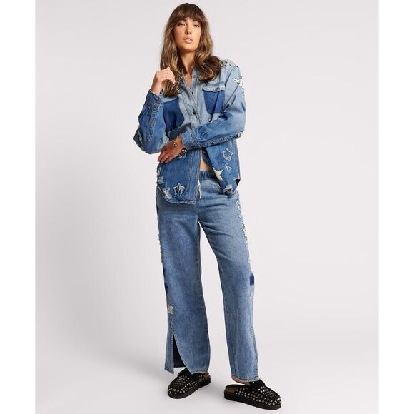 New Free People x One Teaspoon JOHNNY BLUE STAR CLASSIC EVERYDAY SHIRT Size S - Picture 1 of 14